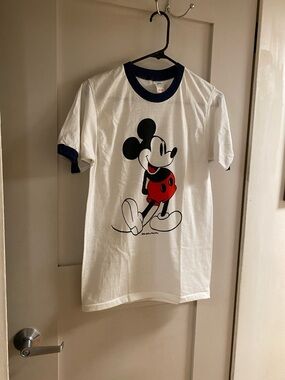 Disney 70s vintage White Short Sleeve Tee with Navy Trim and Red Mickey Graphic
